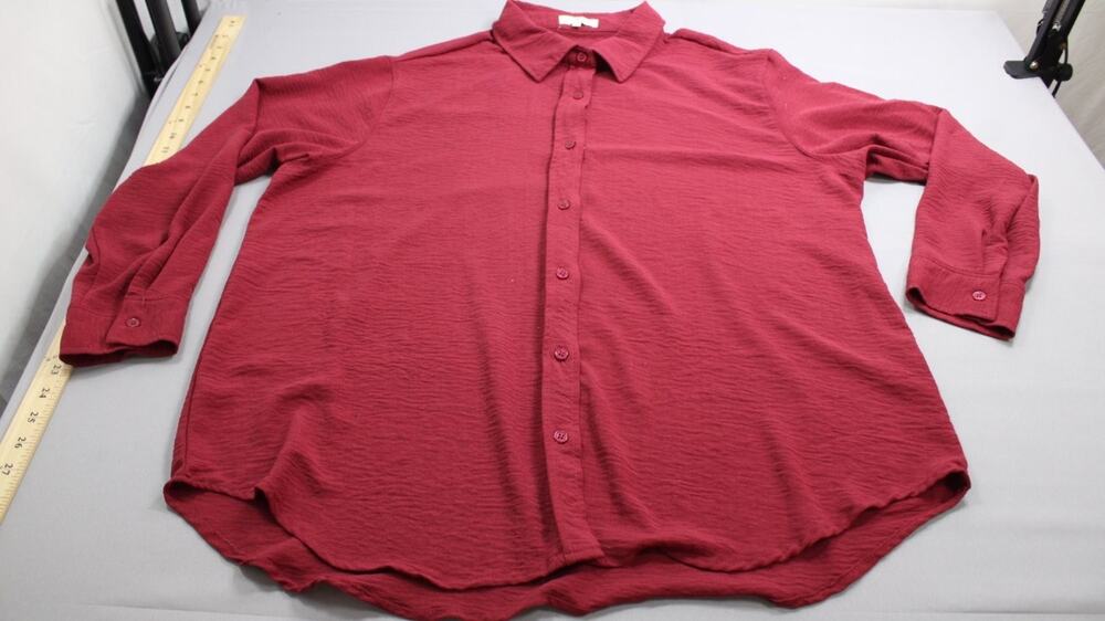 No Comment Plus Size 1X Burgundy Crinkle Long Sleeve Button Blouse Top Womens